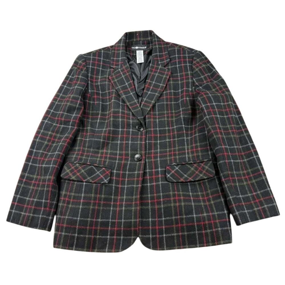Vintage Sag Harbor Blazer Women 8 Black Red Plaid Wool Blend‎ Plaid Two Button